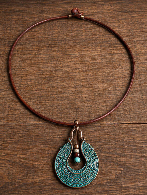 BohoWrapFrancesca Boho Leather Cord Necklace Copper Patina Pendant Beaded Jewelry