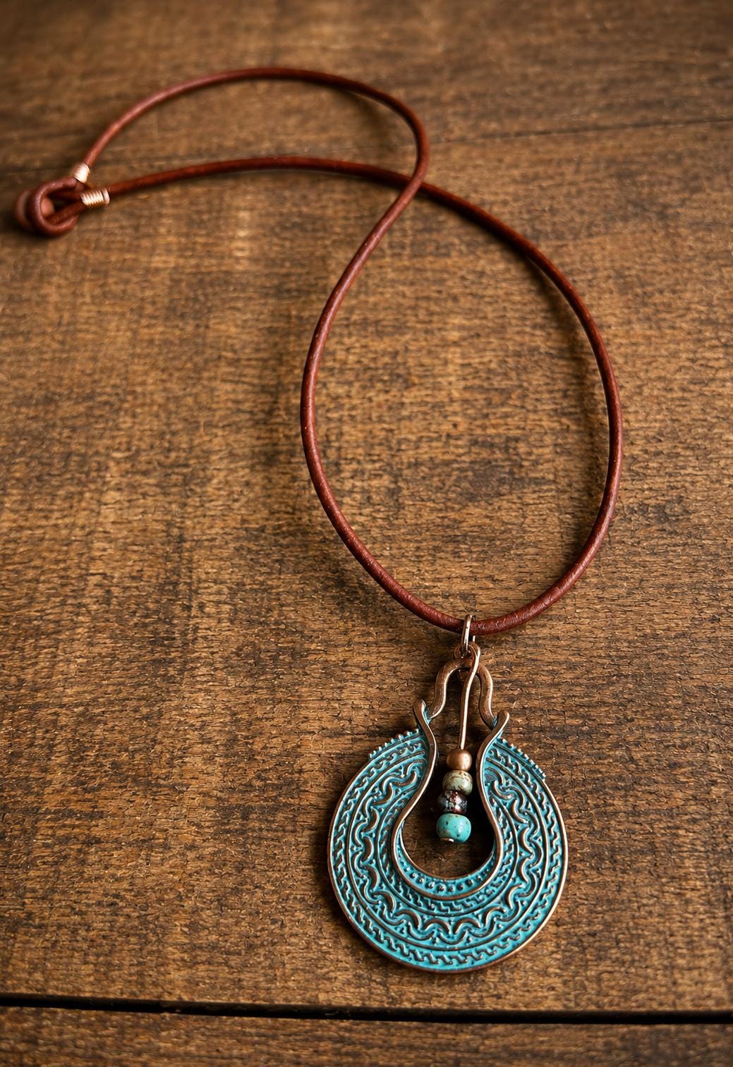 BohoWrapFrancesca Boho Leather Cord Necklace Copper Patina Pendant Beaded Jewelry