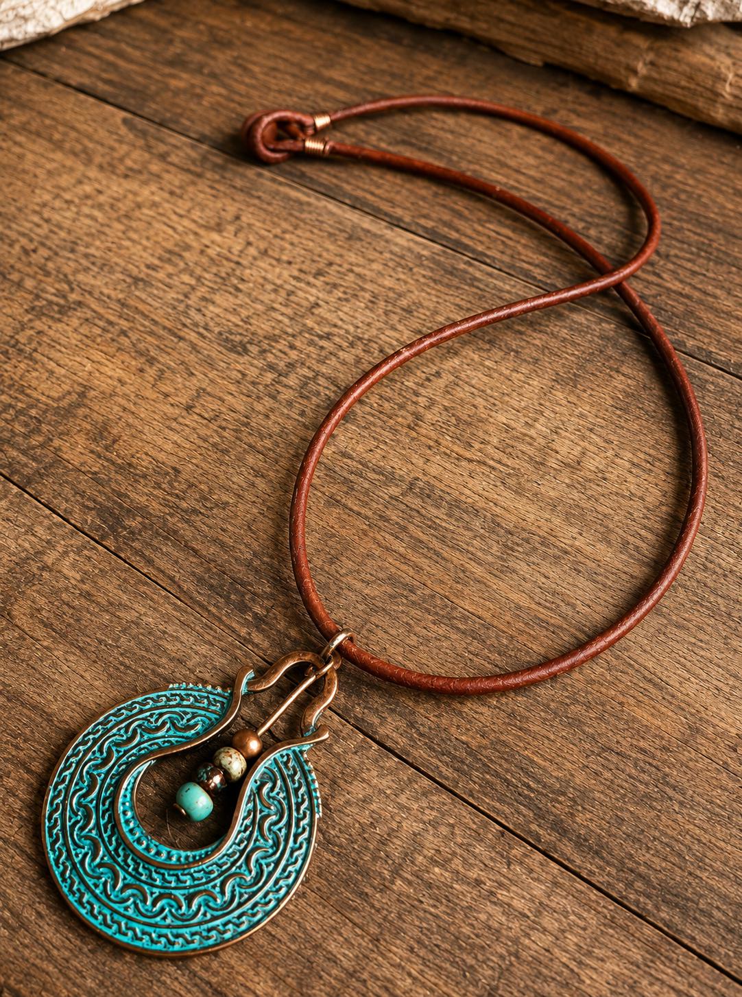 BohoWrapFrancesca Boho Leather Cord Necklace Copper Patina Pendant Beaded Jewelry
