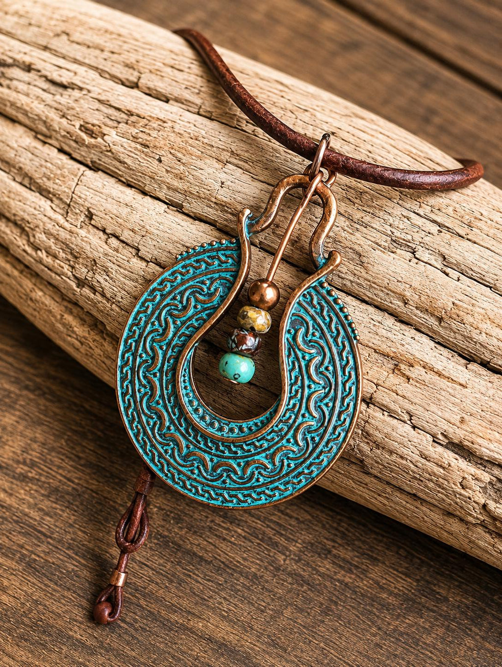 BohoWrapFrancesca Boho Leather Cord Necklace Copper Patina Pendant Beaded Jewelry