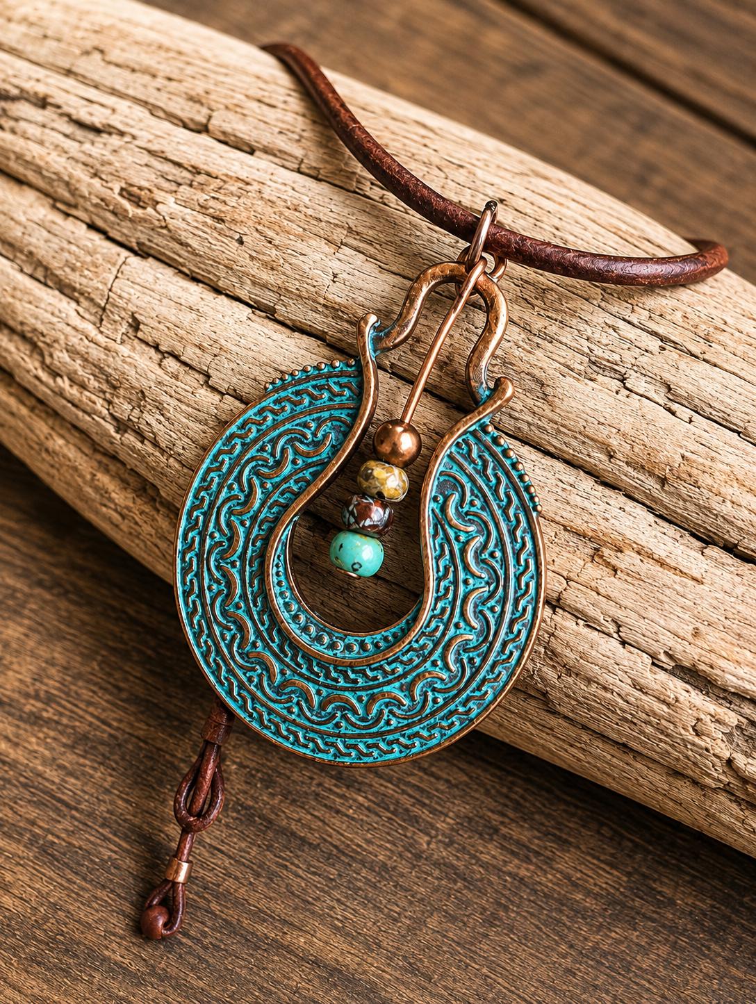 BohoWrapFrancesca Boho Leather Cord Necklace Copper Patina Pendant Beaded Jewelry