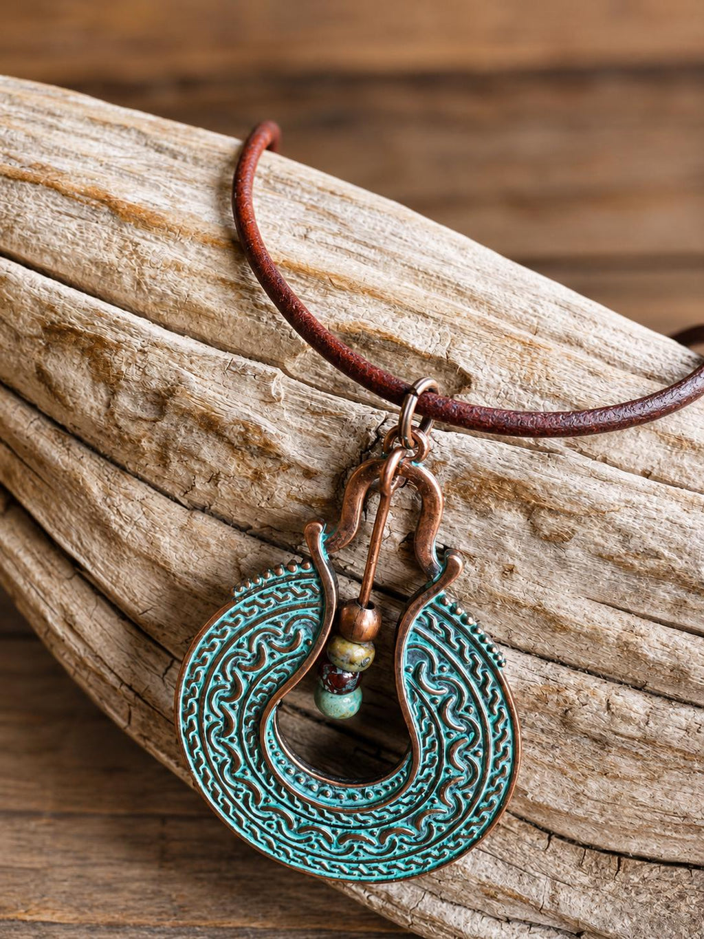 BohoWrapFrancesca Boho Leather Cord Necklace Copper Patina Pendant Beaded Jewelry