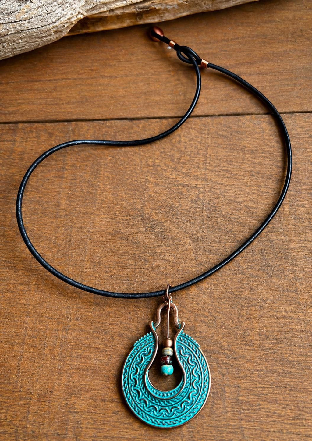 BohoWrapFrancesca Boho Leather Cord Necklace Copper Patina Pendant Beaded Jewelry