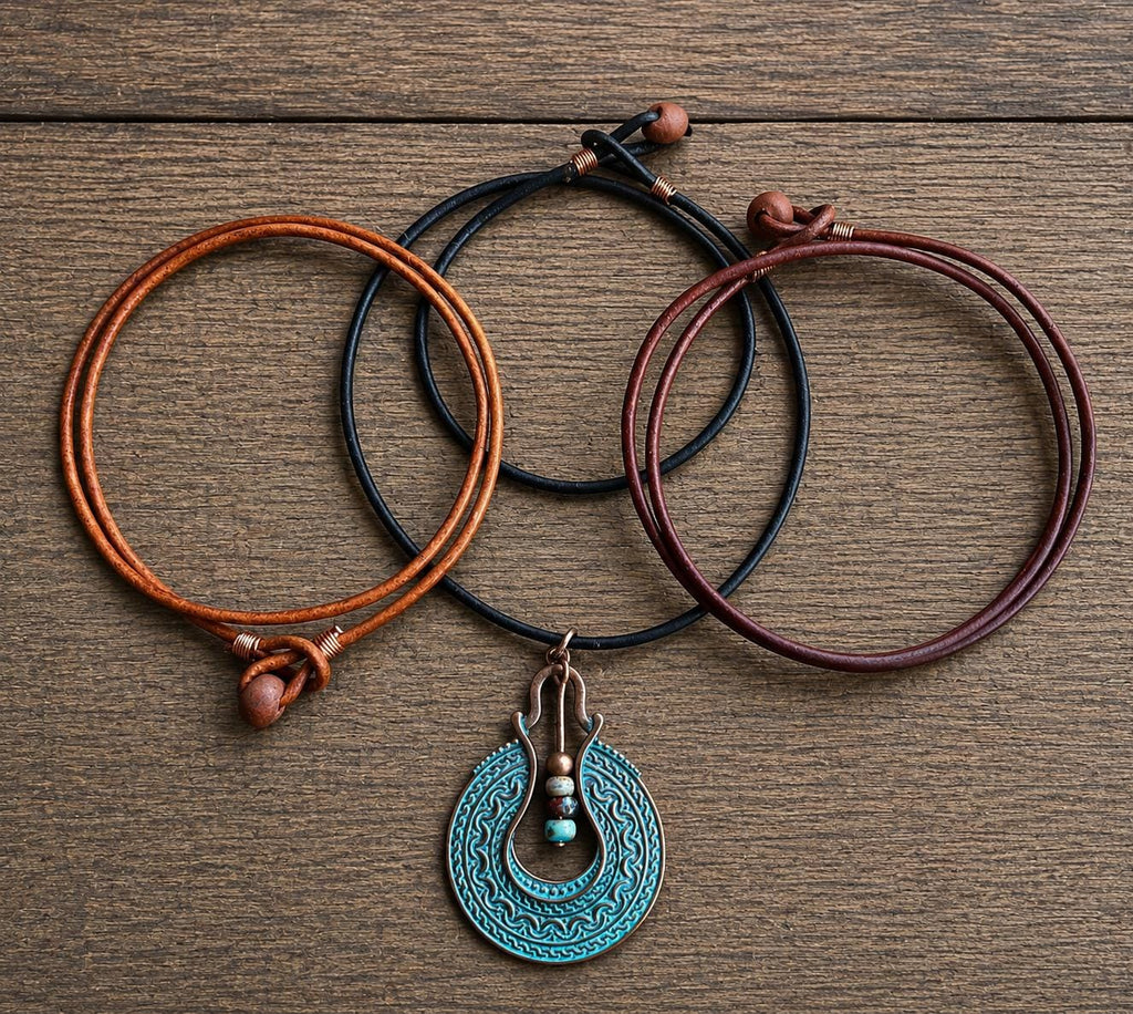 BohoWrapFrancesca Boho Leather Cord Necklace Copper Patina Pendant Beaded Jewelry