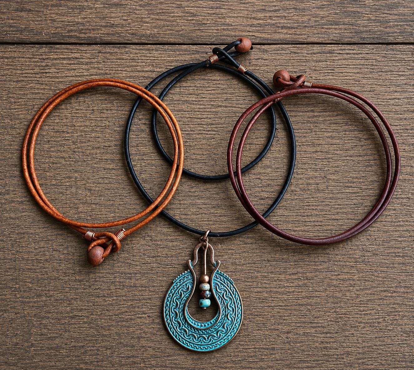 BohoWrapFrancesca Boho Leather Cord Necklace Copper Patina Pendant Beaded Jewelry