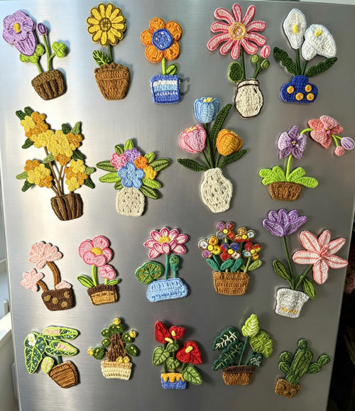 CrochetRecipe Handmade Crochet Plant Fridge Refrigerator Magnets Mini Potted Flower 3in
