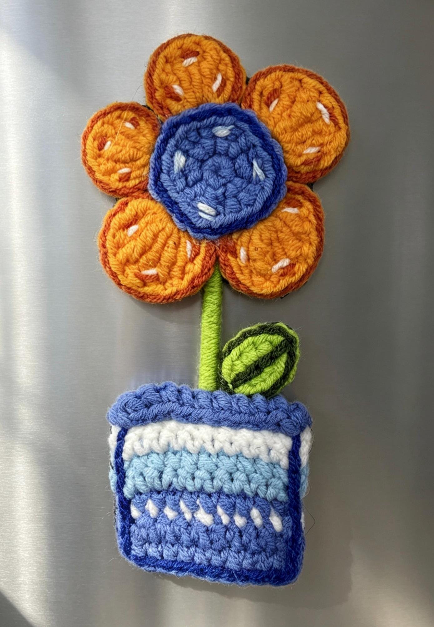 CrochetRecipe Handmade Crochet Plant Fridge Refrigerator Magnets Mini Potted Flower 3in