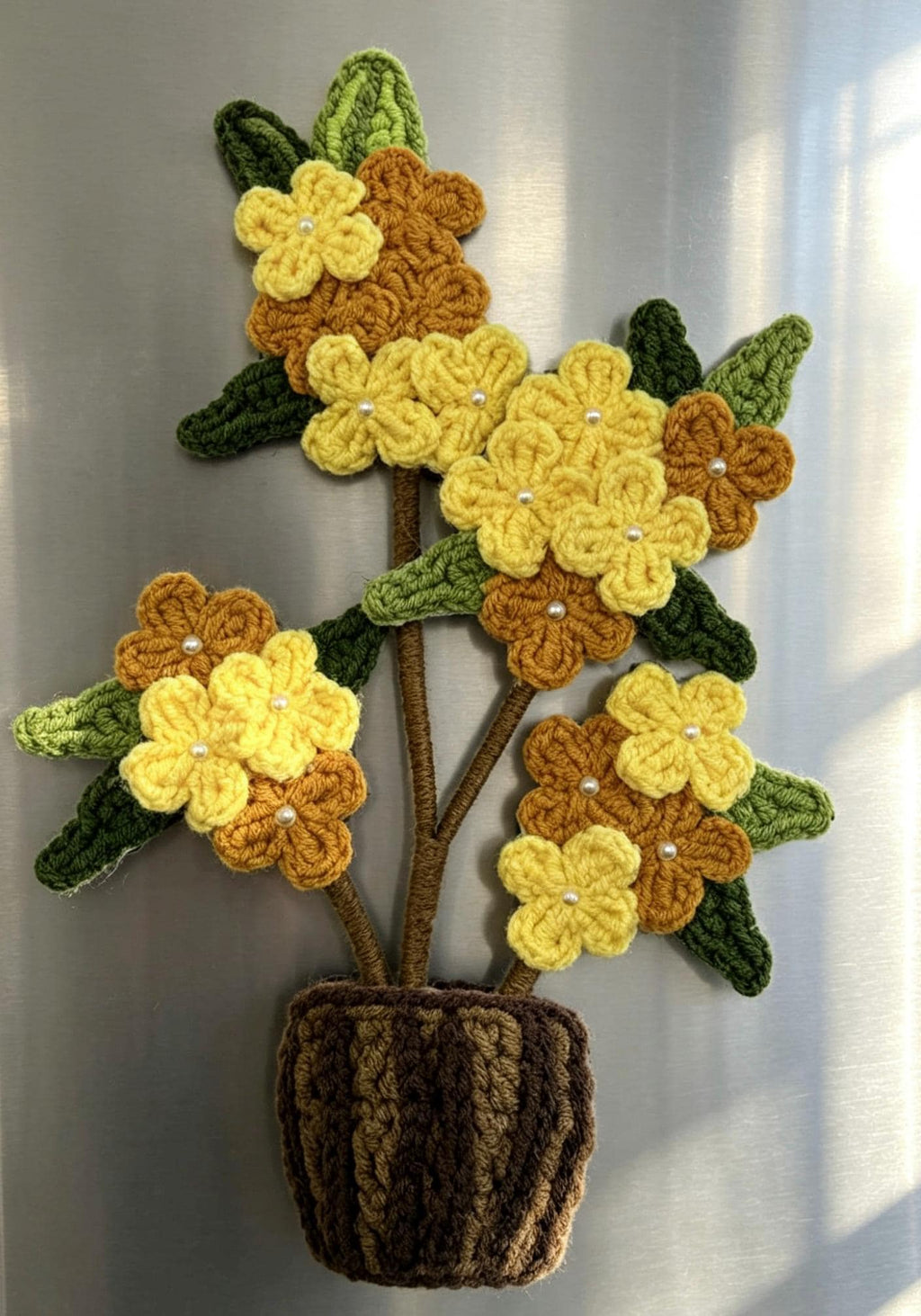 CrochetRecipe Handmade Crochet Plant Fridge Refrigerator Magnets Mini Potted Flower 3in