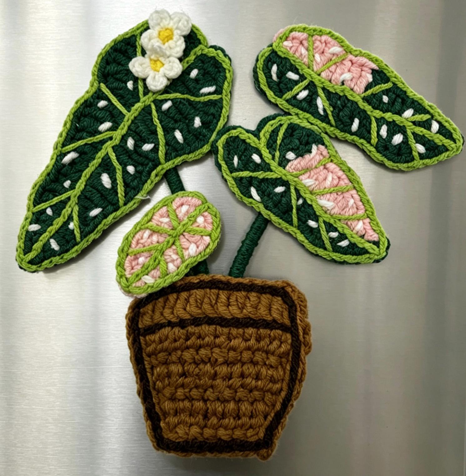 CrochetRecipe Handmade Crochet Plant Fridge Refrigerator Magnets Mini Potted Flower 3in
