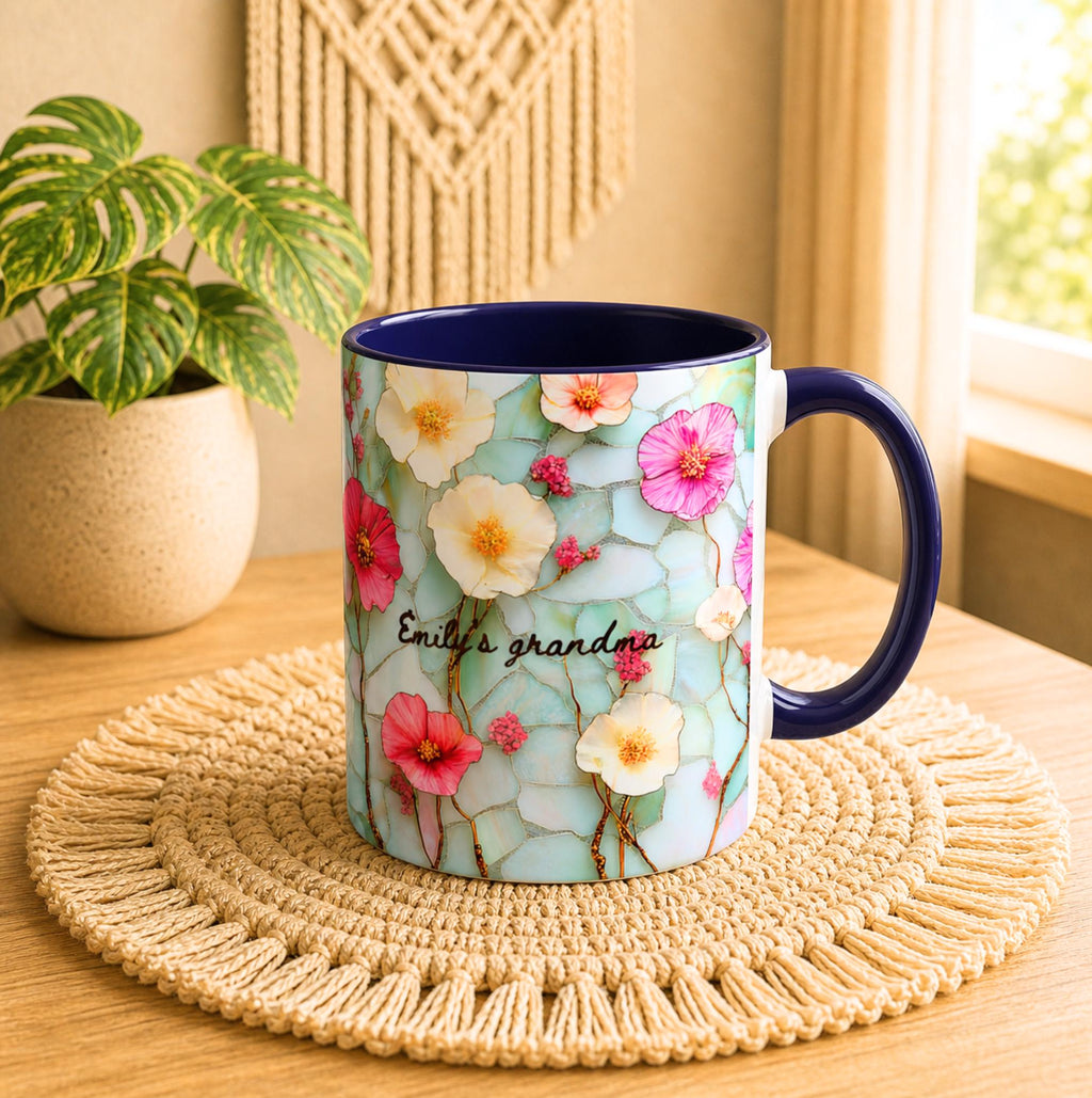 Personalized Floral Ceramic Grandma Mug Custom Grandchild Name Coffee Cup