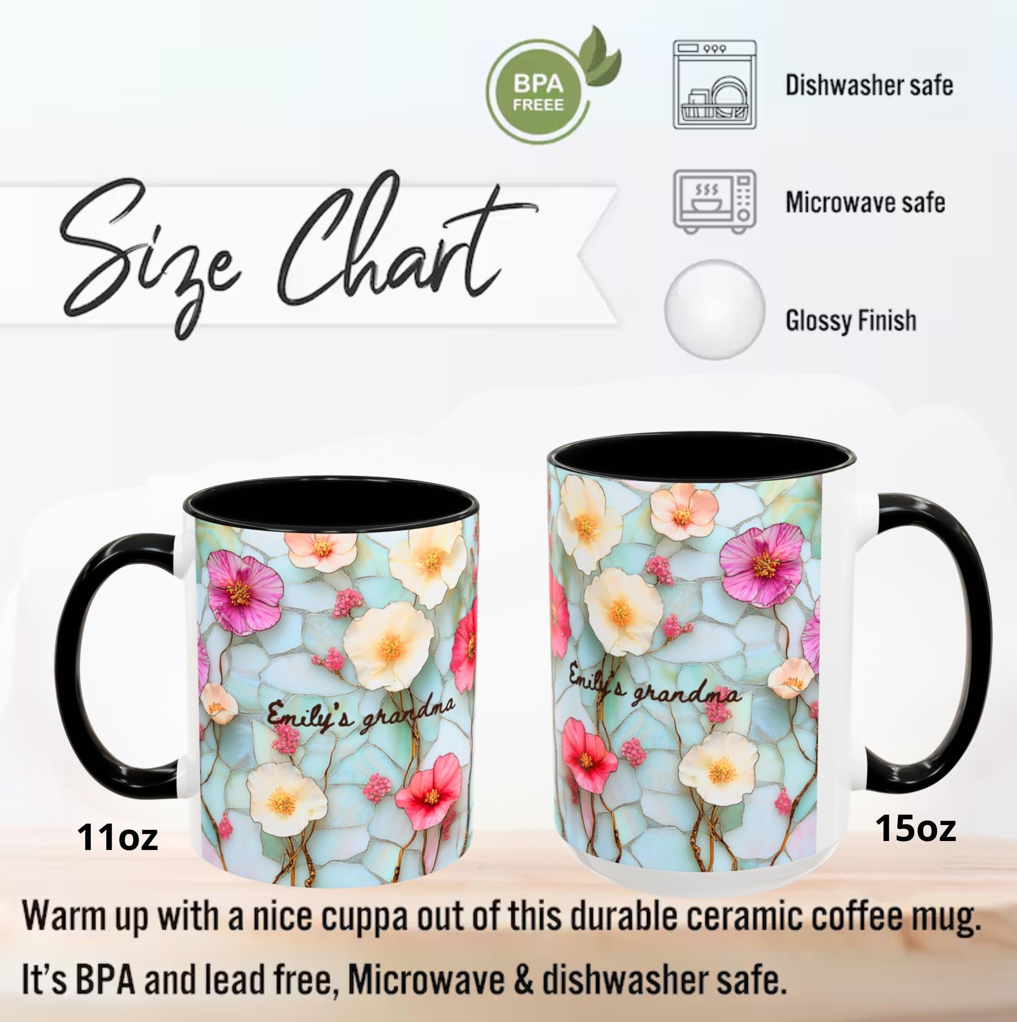 Personalized Floral Ceramic Grandma Mug Custom Grandchild Name Coffee Cup
