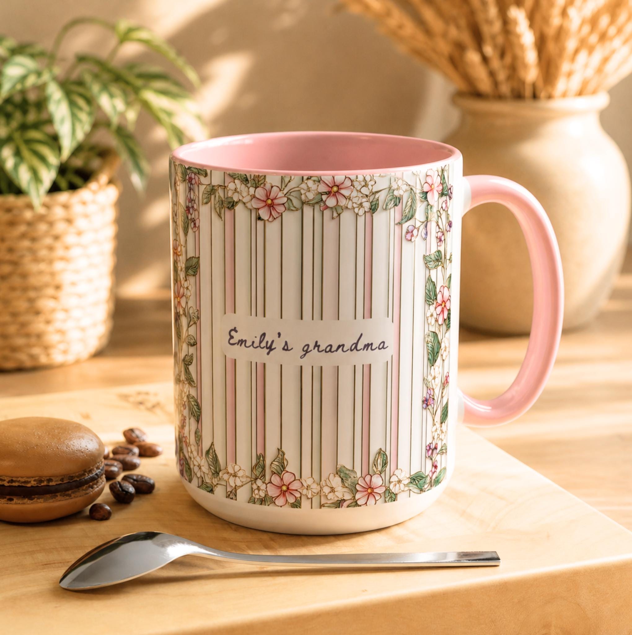 LELORESTORE Personalized Grandma Floral Stripe Mug Custom Grandkids Names