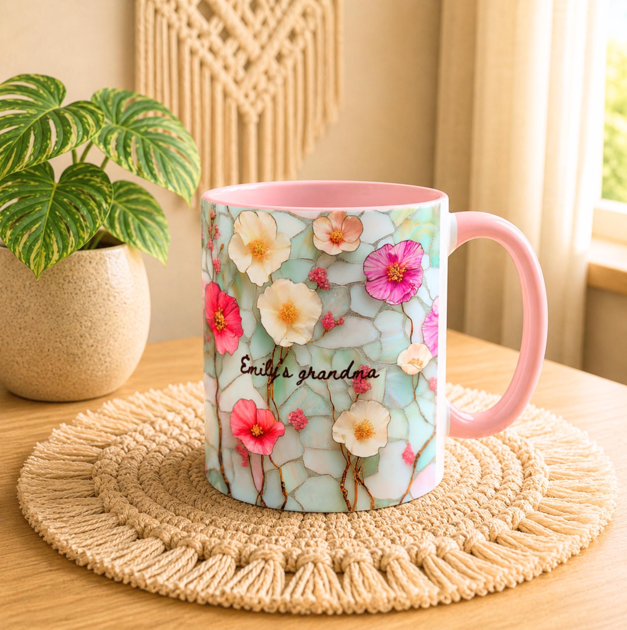 Personalized Floral Ceramic Grandma Mug Custom Grandchild Name Coffee Cup