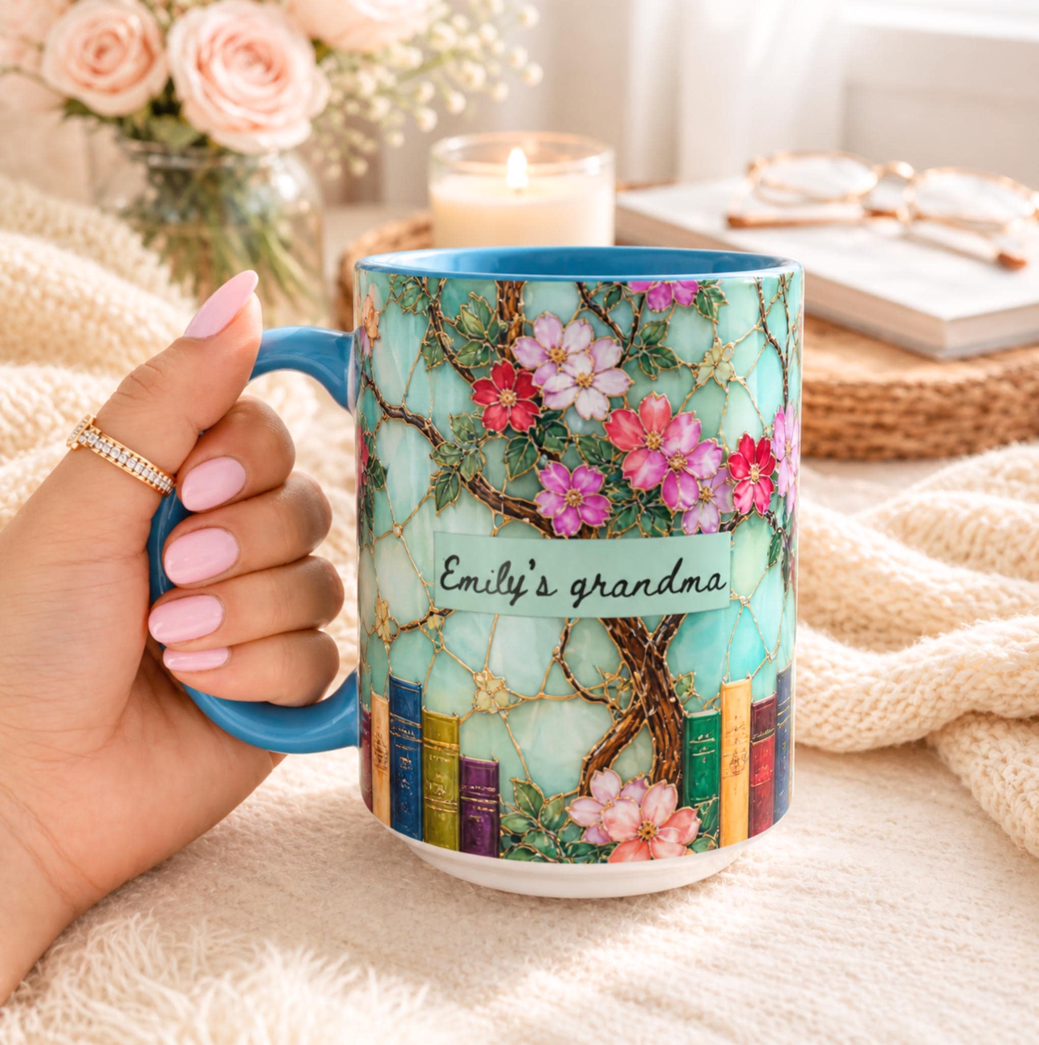 Personalized Grandma Custom Mug Name Floral Faux Stained Glass Coffee Cup
