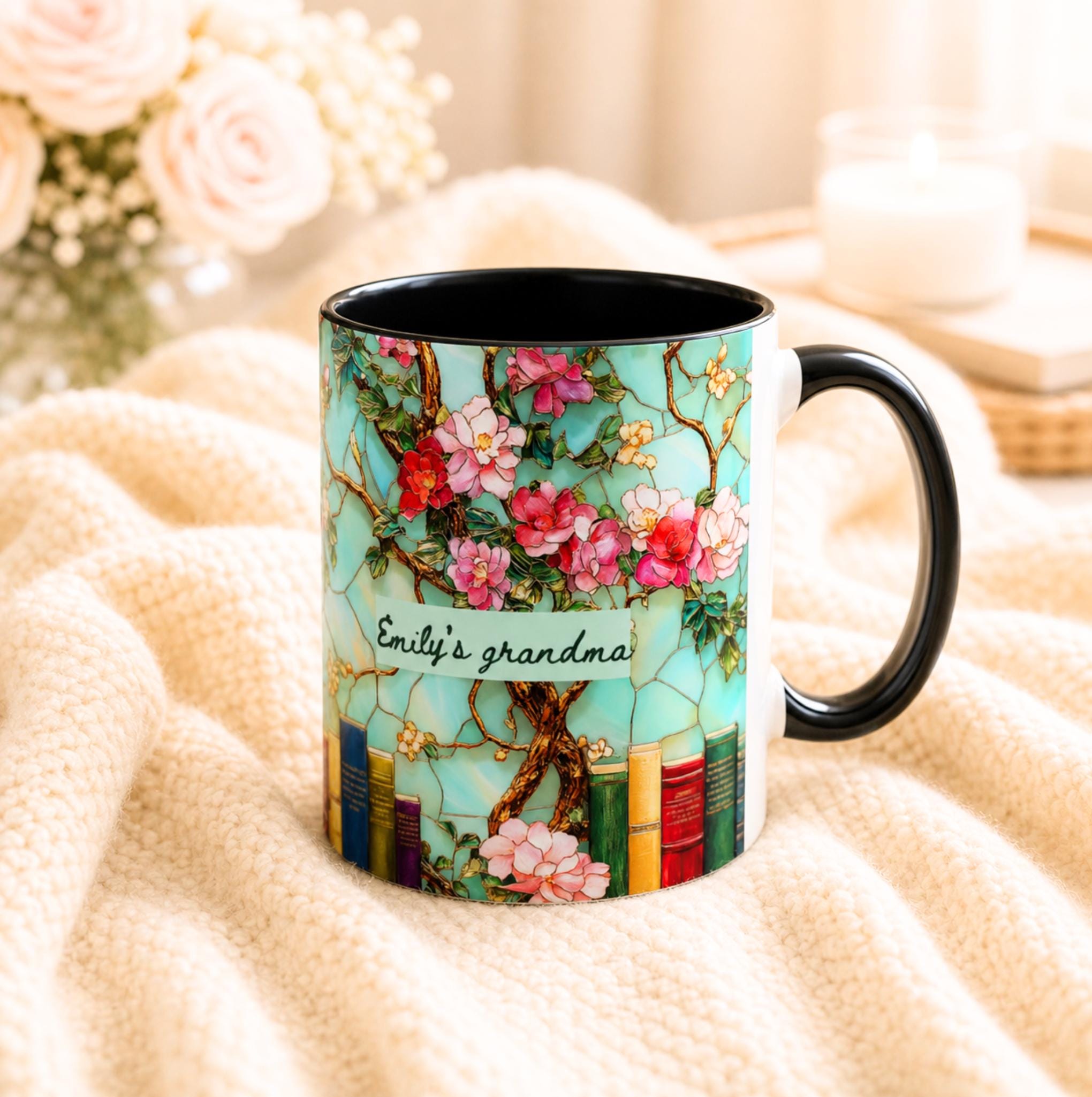 Personalized Grandma Custom Mug Name Floral Faux Stained Glass Coffee Cup