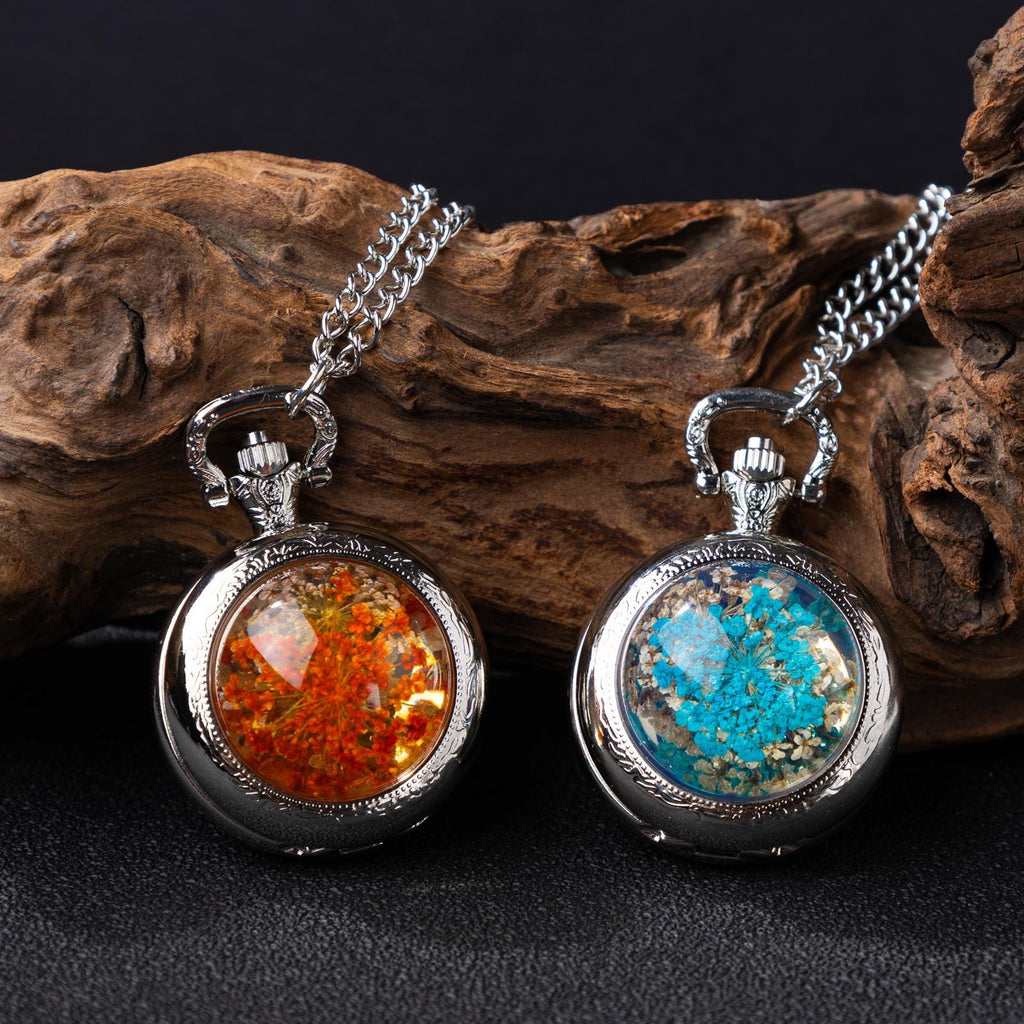 Oryeia Preserved Flower Pocket Watch Necklace Handcrafted Resin Dome