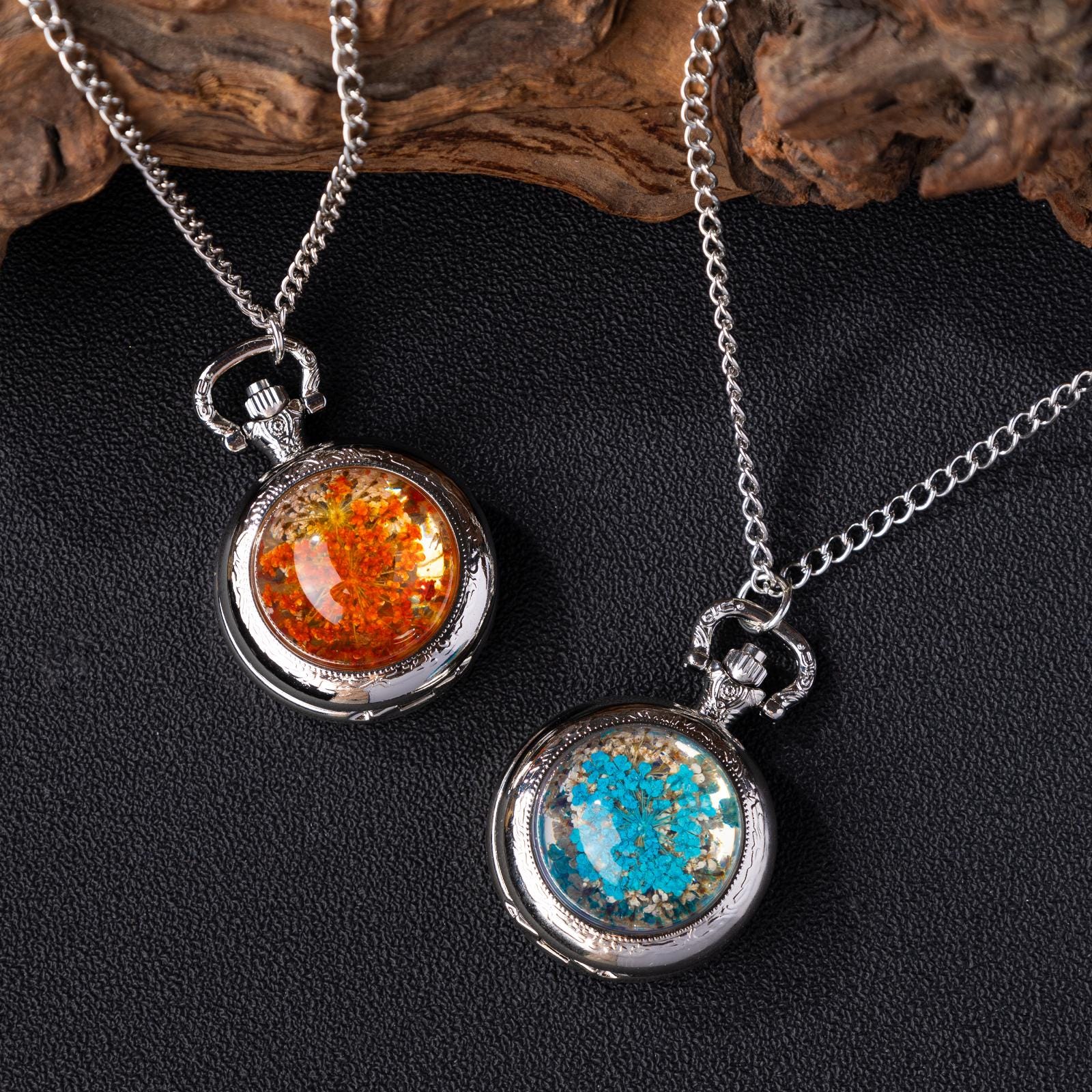 Oryeia Preserved Flower Pocket Watch Necklace Handcrafted Resin Dome