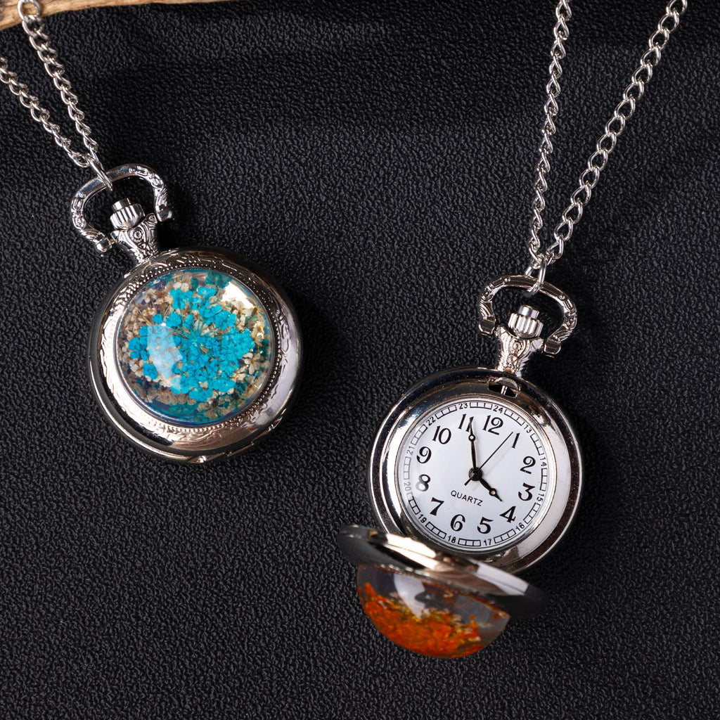 Oryeia Preserved Flower Pocket Watch Necklace Handcrafted Resin Dome