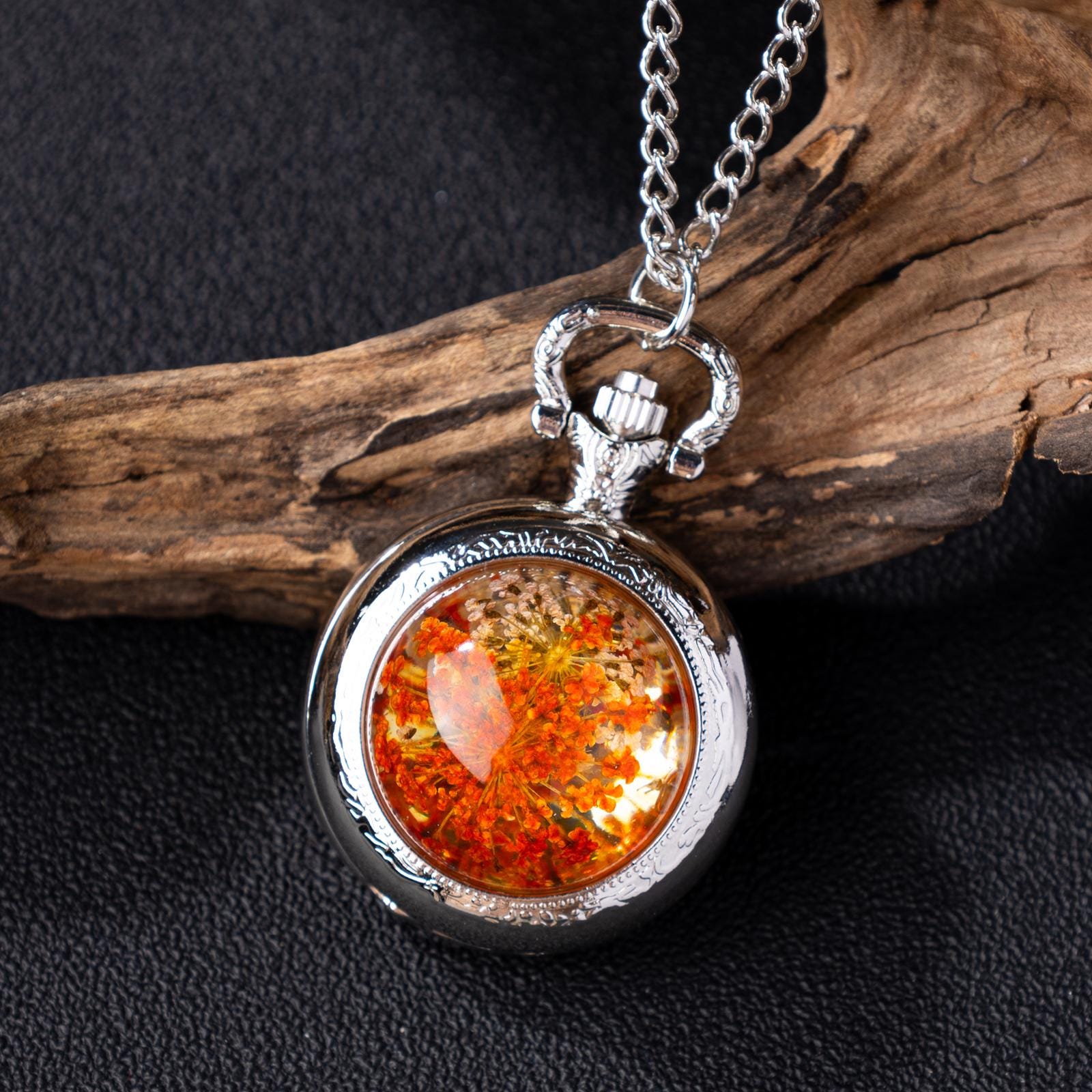 Oryeia Preserved Flower Pocket Watch Necklace Handcrafted Resin Dome