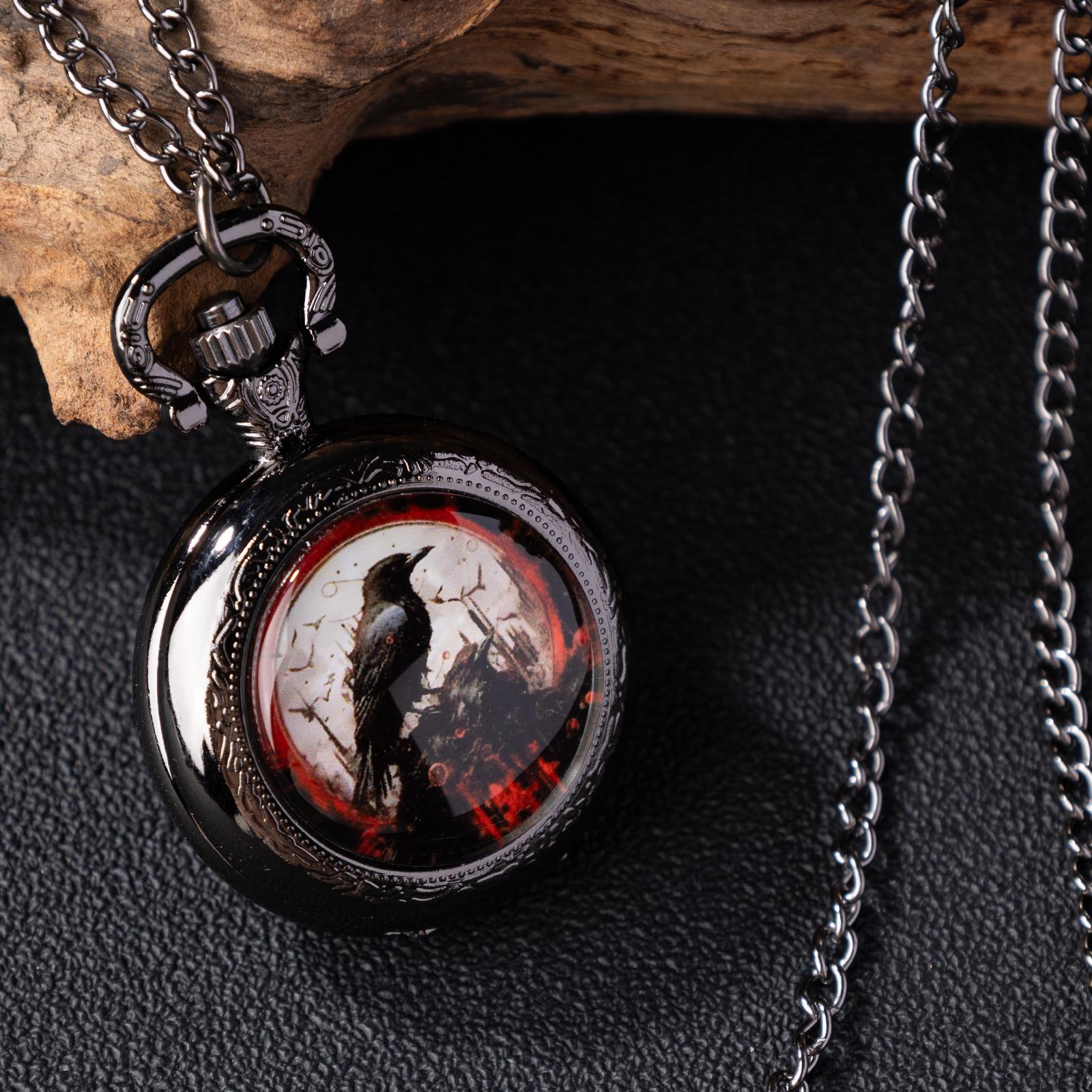 Oryeia Vintage Raven Gothic Pocket Watch Necklace Black Gunmetal