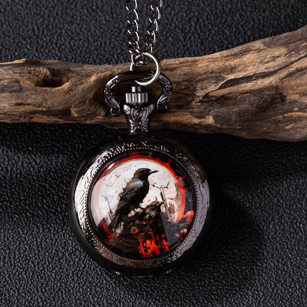 Oryeia Vintage Raven Gothic Pocket Watch Necklace Black Gunmetal