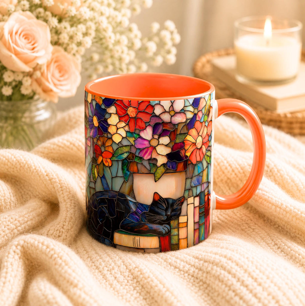 LELORESTORE Stained Glass Style Cat Mug Black Cat Floral Bookshelf Coffee Mug