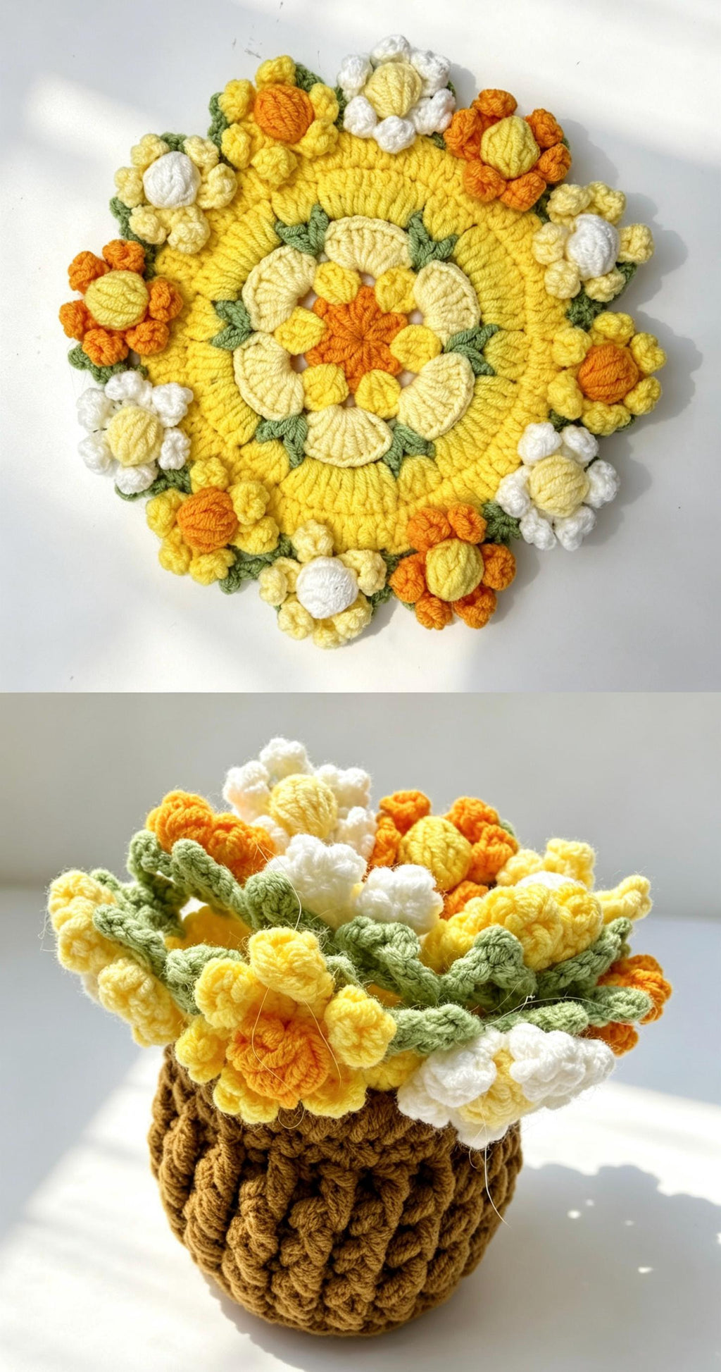 Handmade Crochet Flower Coaster Set with Basket Holder Cotton