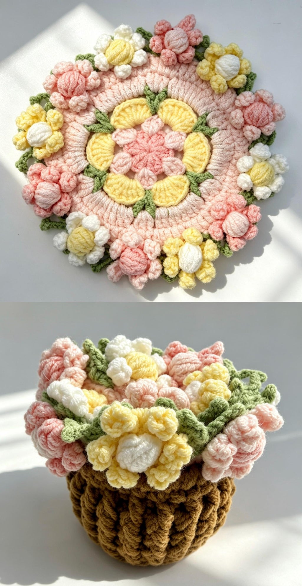 CrochetRecipe Handmade Crochet Flower Coaster Set With Basket Holder