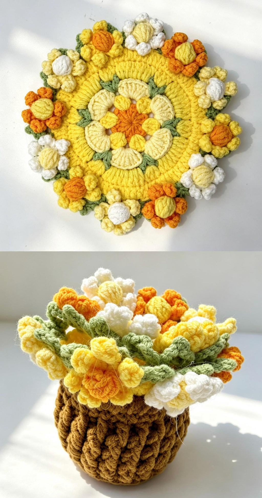 CrochetRecipe Handmade Crochet Flower Coaster Set With Basket Holder