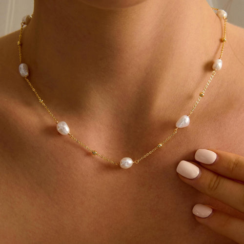 EcloraTreasures Baroque Genuine Freshwater Pearl Necklace 16in Gold