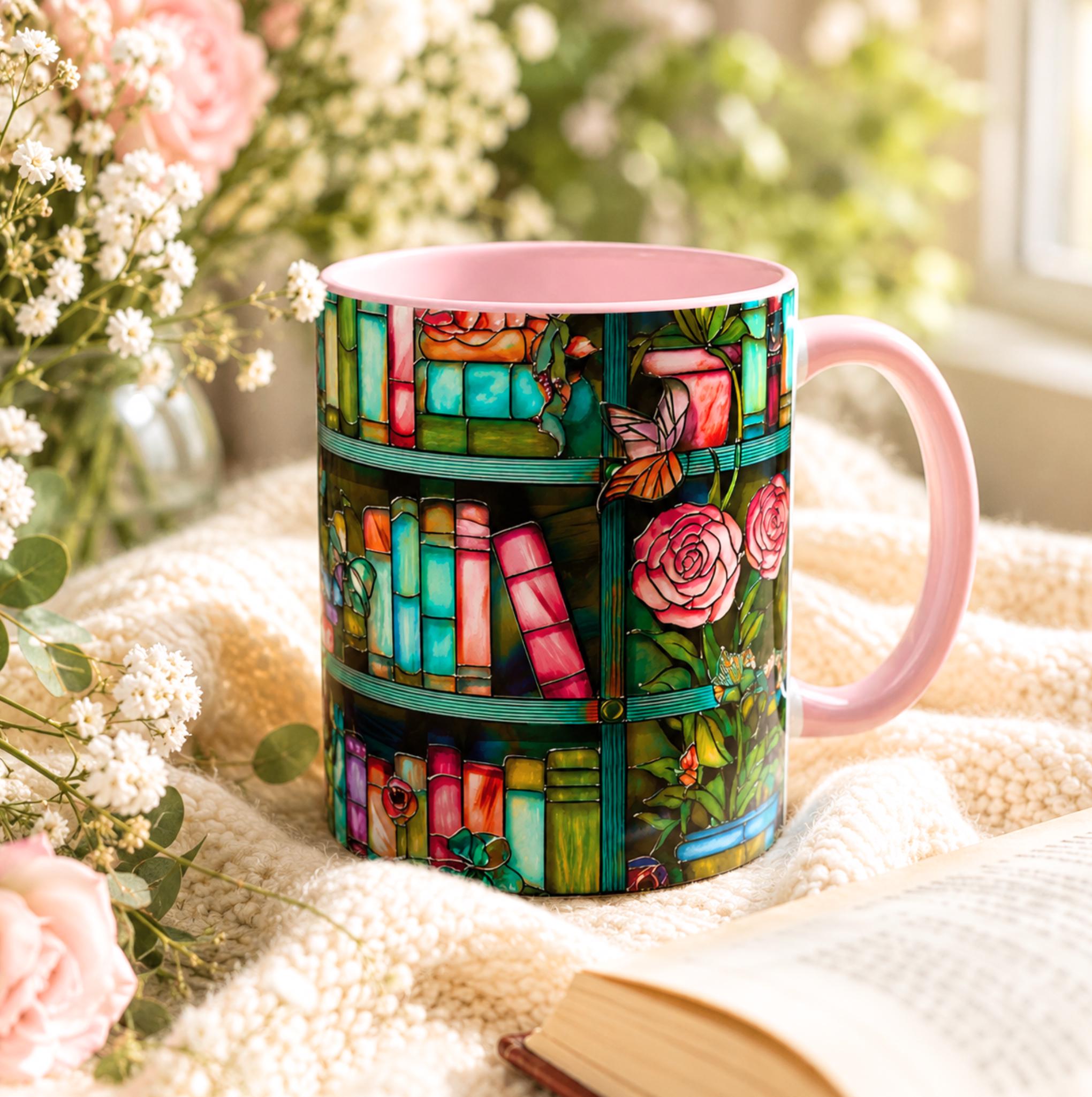 LELORESTORE Floral Bookshelf Faux Stained Glass Ceramic Mug Bookish Gift