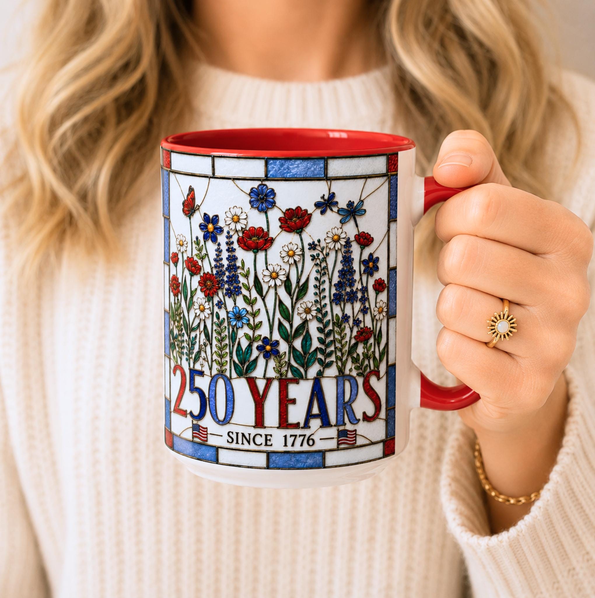 LELORESTORE America 250 Faux Stained Glass Patriotic Floral Mug