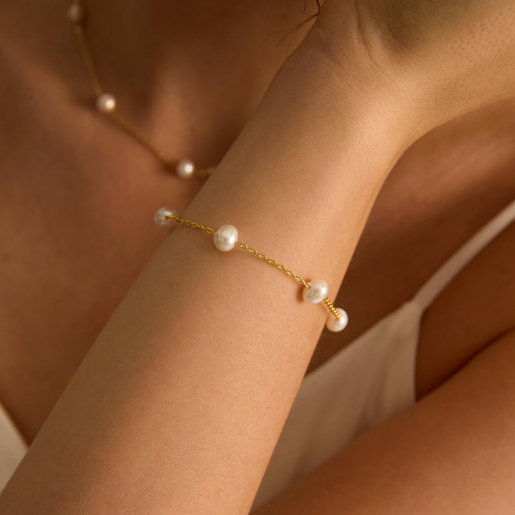 EcloraTreasures Round Freshwater Pearl Necklace Bracelet Jewelry Set Gold