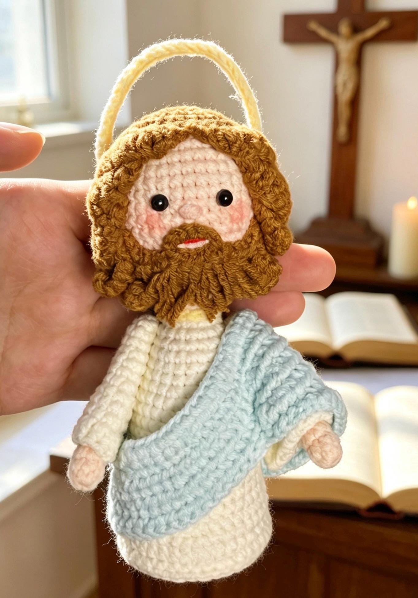 Crochetrecipe Handmade Crochet Jesus Figure Wooden Cross Hanging Car Ornament