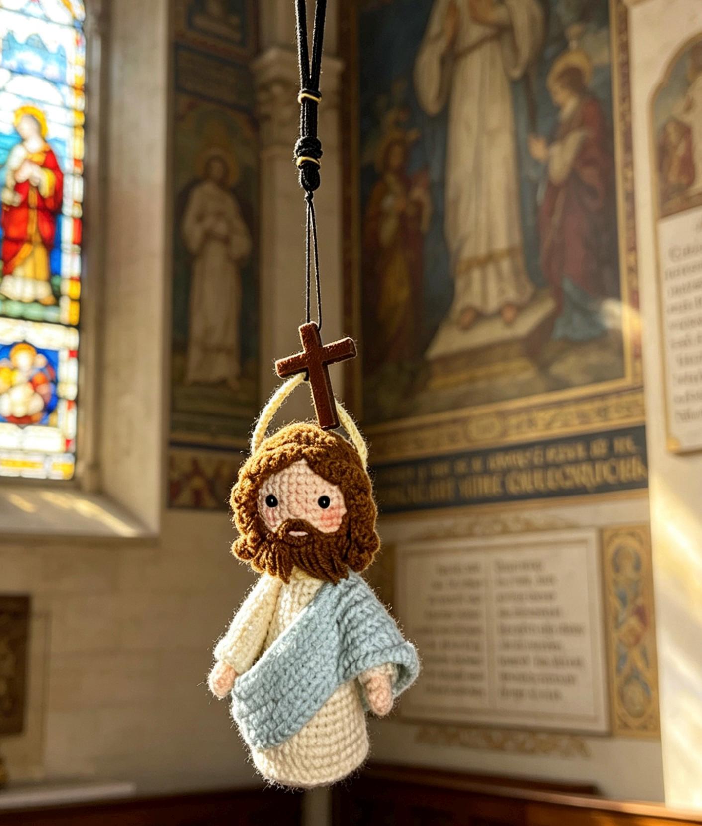 Crochetrecipe Handmade Crochet Jesus Figure Wooden Cross Hanging Car Ornament
