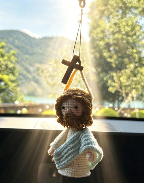 Crochetrecipe Handmade Crochet Jesus Figure Wooden Cross Hanging Car Ornament