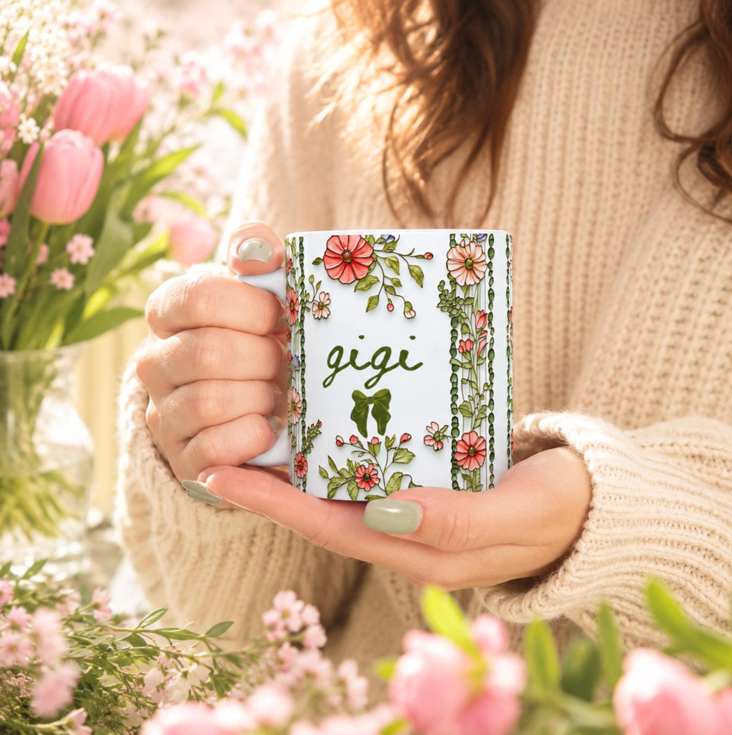 LELORESTORE Personalized Gigi Floral Botanical Ceramic Coffee Mug