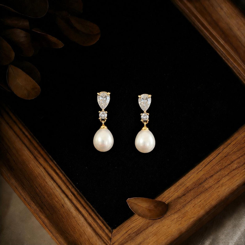 EcloraTreasures Natural Freshwater Pearl Drop Earrings with CZ Diamond