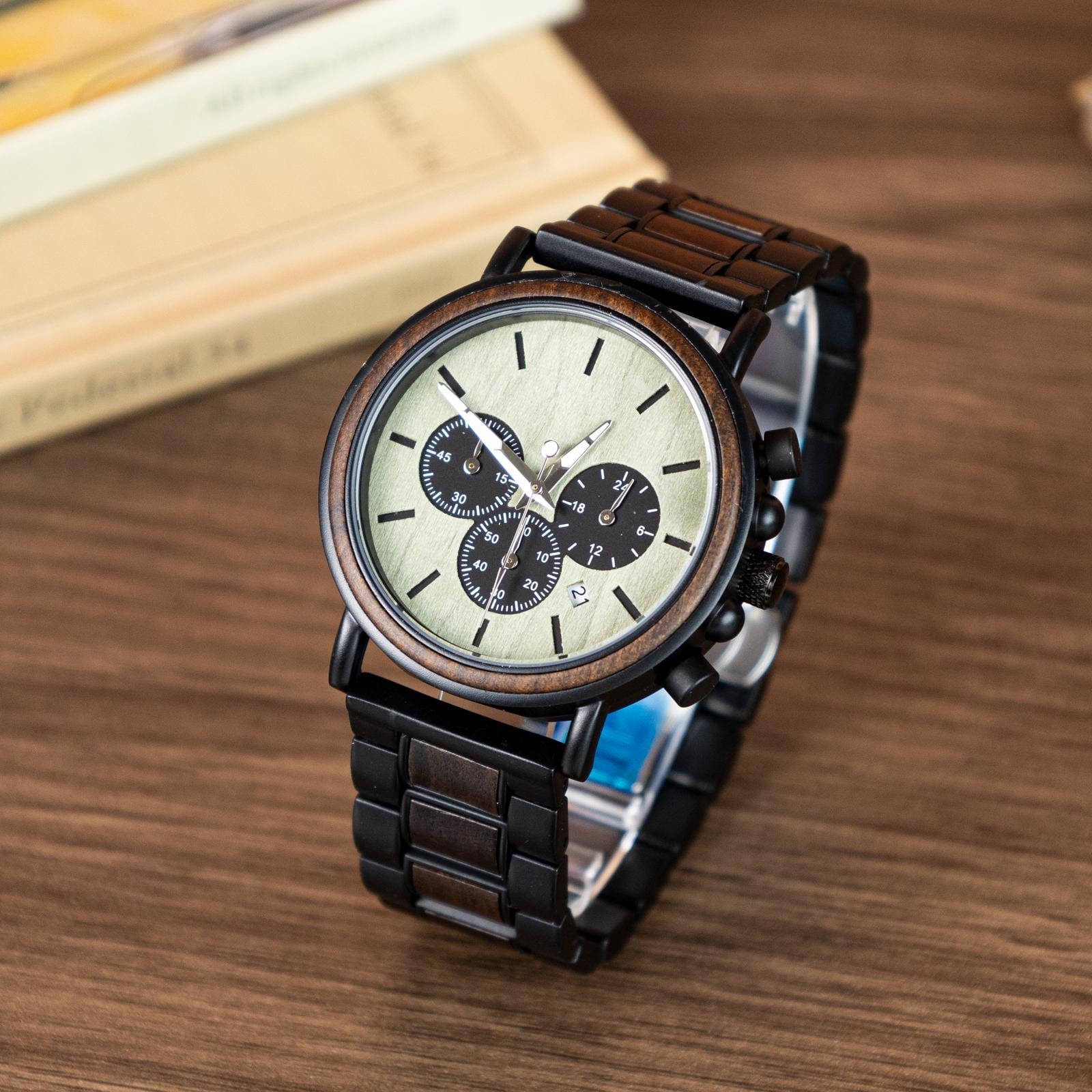 Oryeia Custom Engraved Chronograph Wood Watch for Men