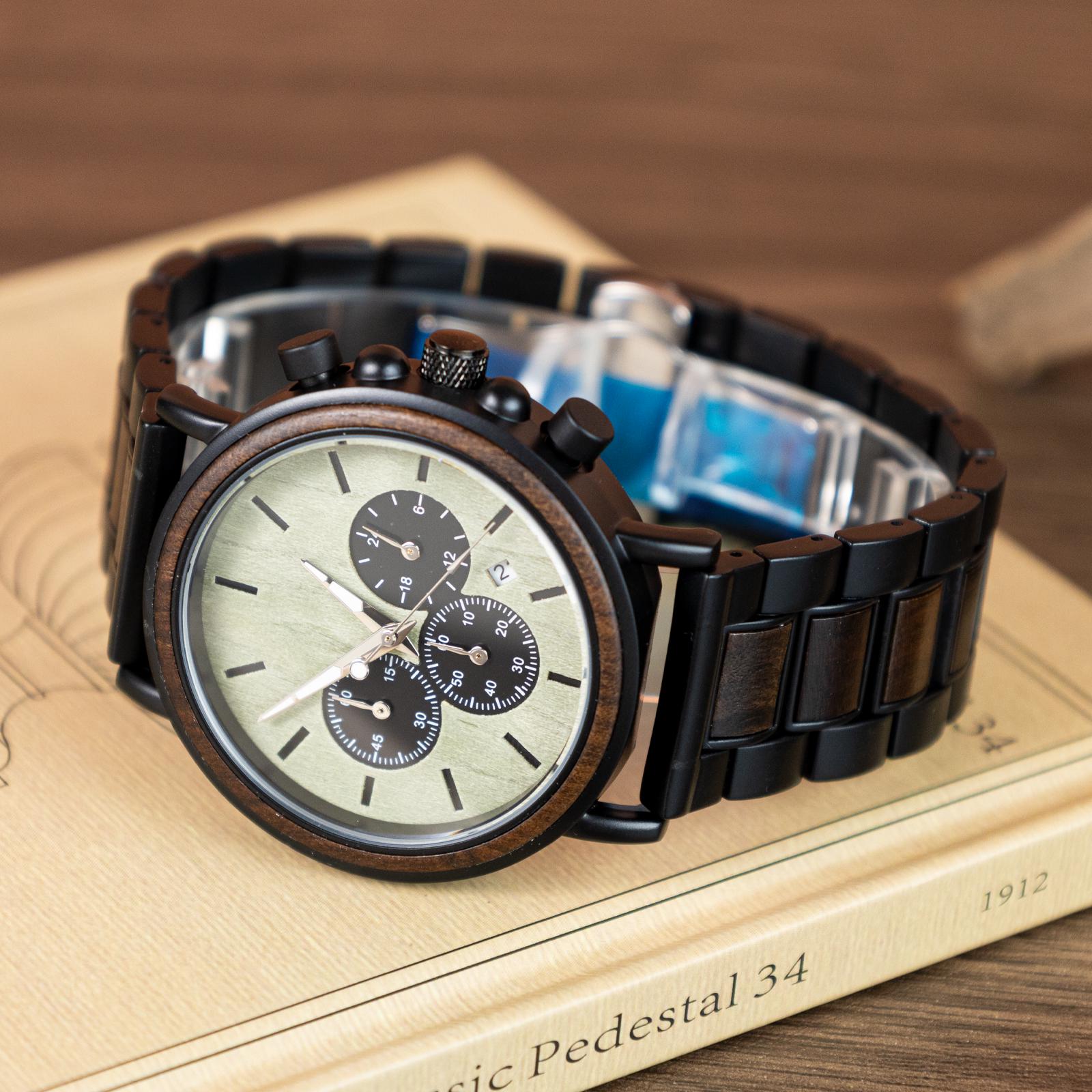 Oryeia Custom Engraved Chronograph Wood Watch for Men