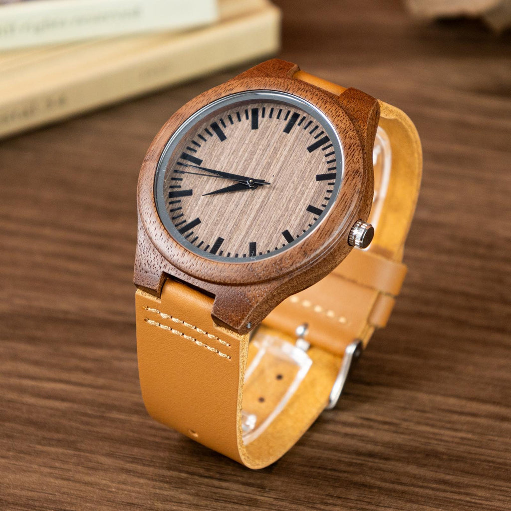 Oryeia Custom Engraved Natural Wooden Wristwatch with Leather Strap