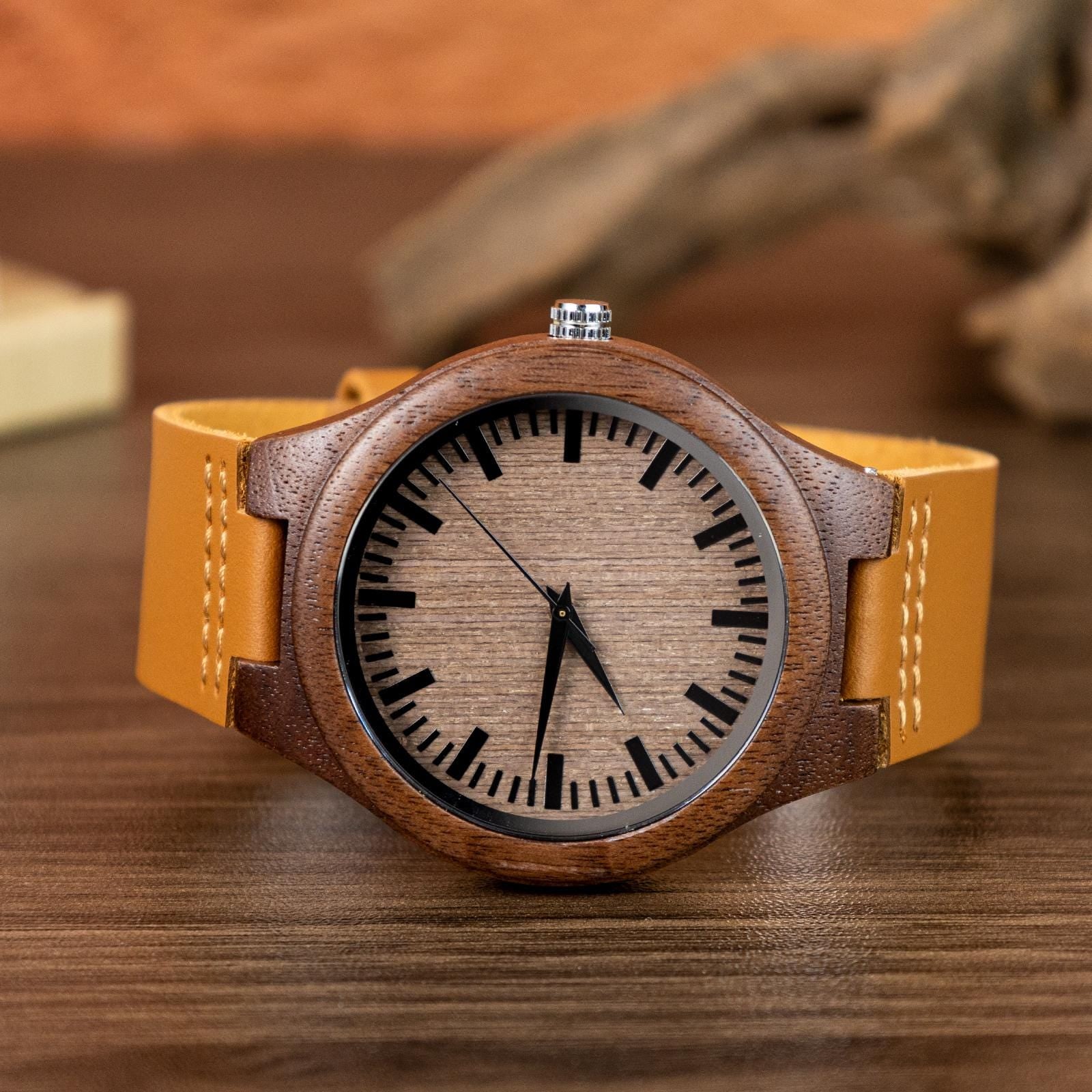 Oryeia Custom Engraved Natural Wooden Wristwatch with Leather Strap