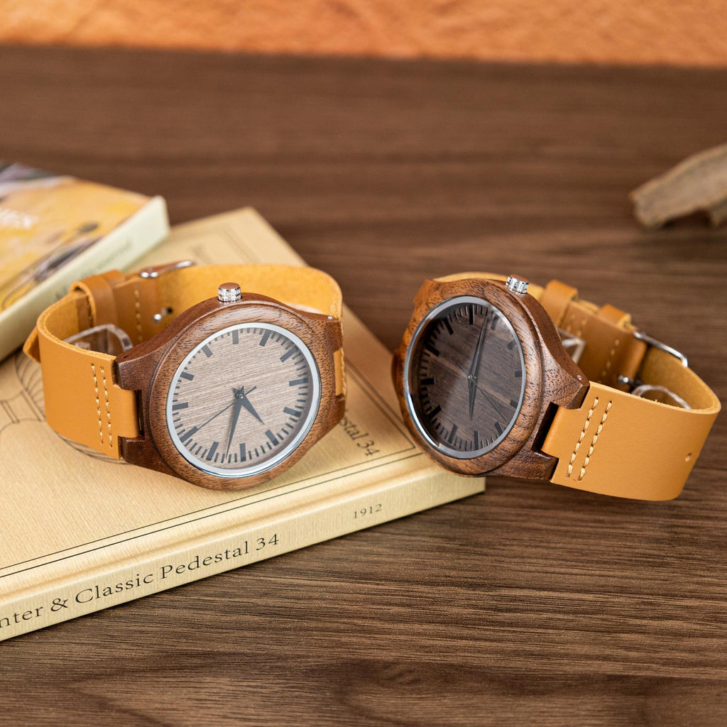 Oryeia Custom Engraved Natural Wooden Wristwatch with Leather Strap