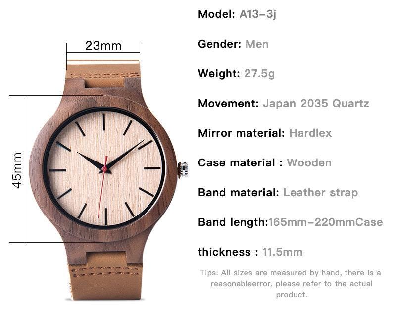 Oryeia Custom Engraved Natural Wooden Wristwatch with Leather Strap