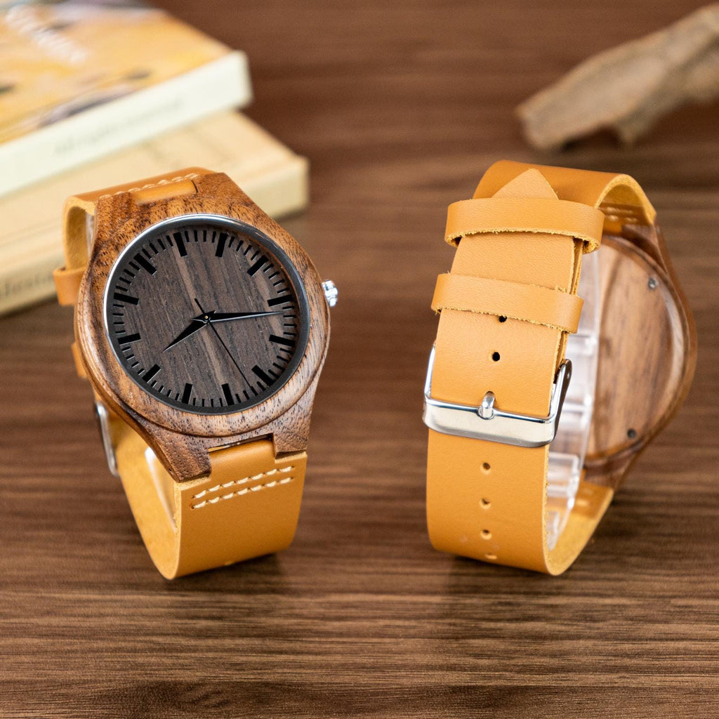 Oryeia Custom Engraved Natural Wooden Wristwatch with Leather Strap