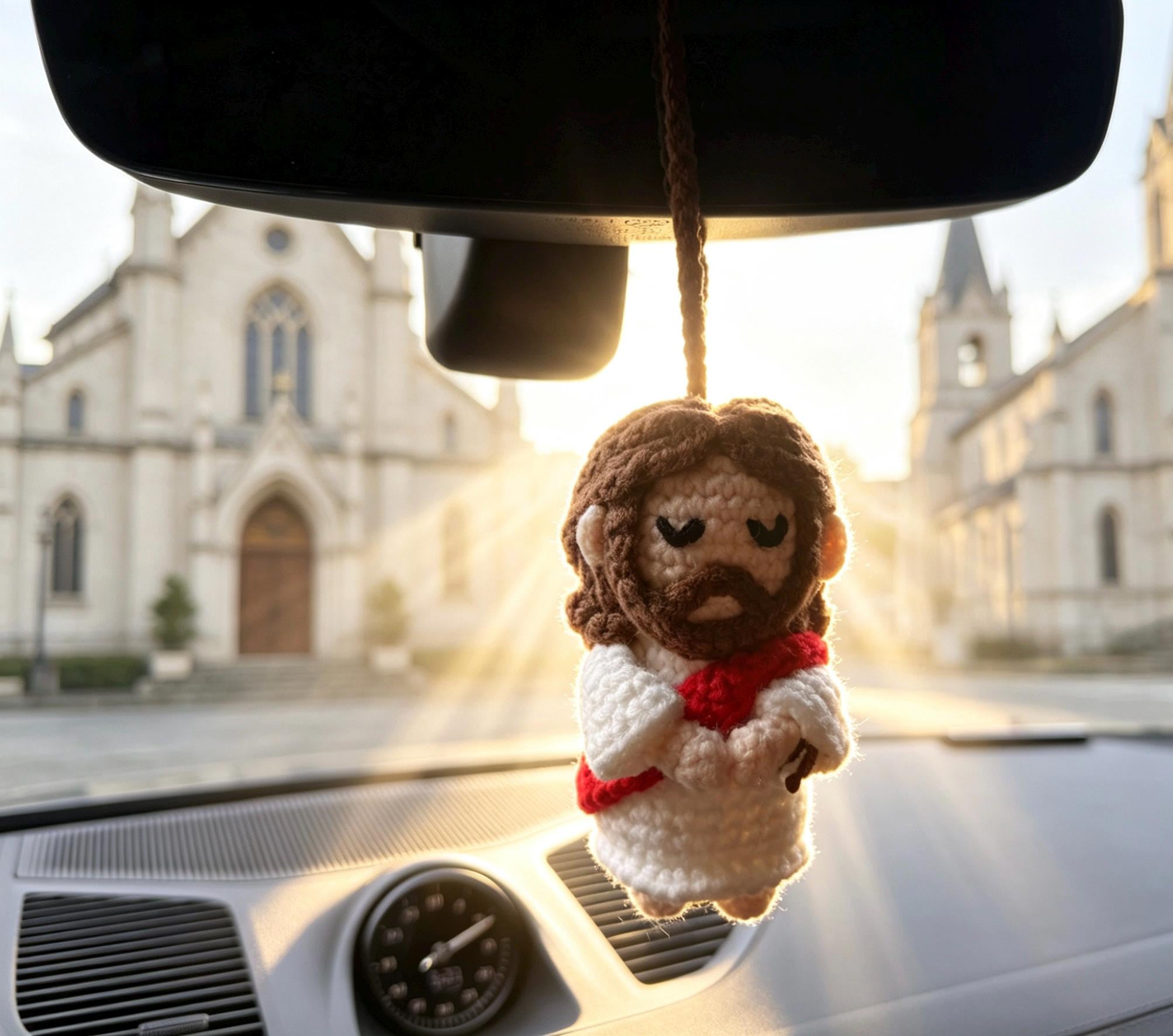 Crochetrecipe Handmade Crochet Jesus Figure Wooden Cross Hanging Car Ornament