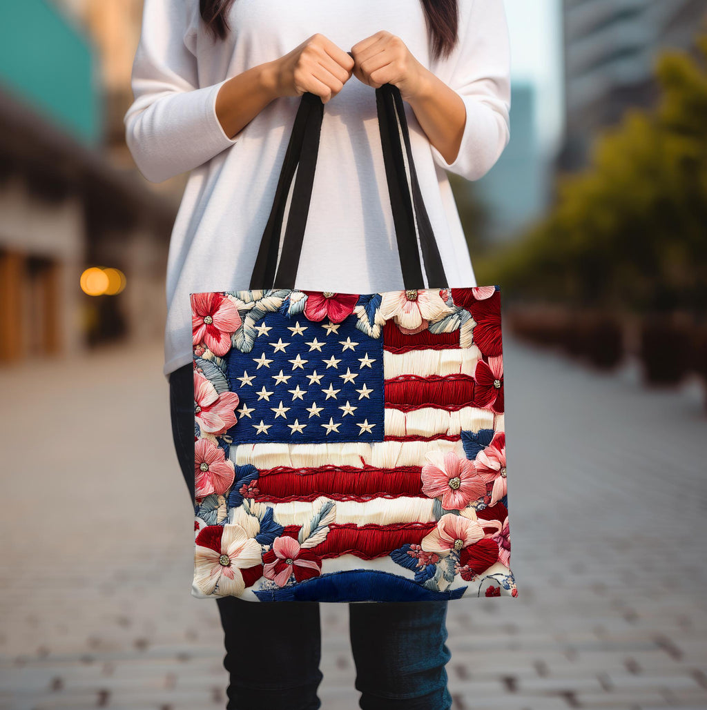 LELORESTORE Patriotic Floral Tote Bag American Flag Wildflower