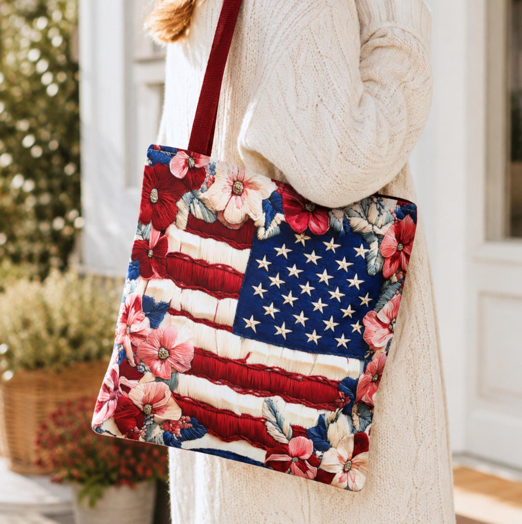 LELORESTORE Patriotic Floral Tote Bag American Flag Wildflower