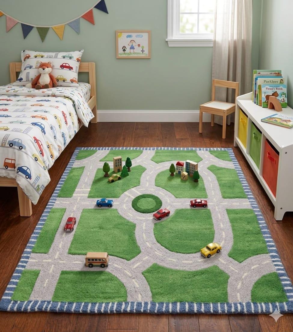 RugverseCreations Hand Tufted Road Play Rug 3D Sculpted Car Track
