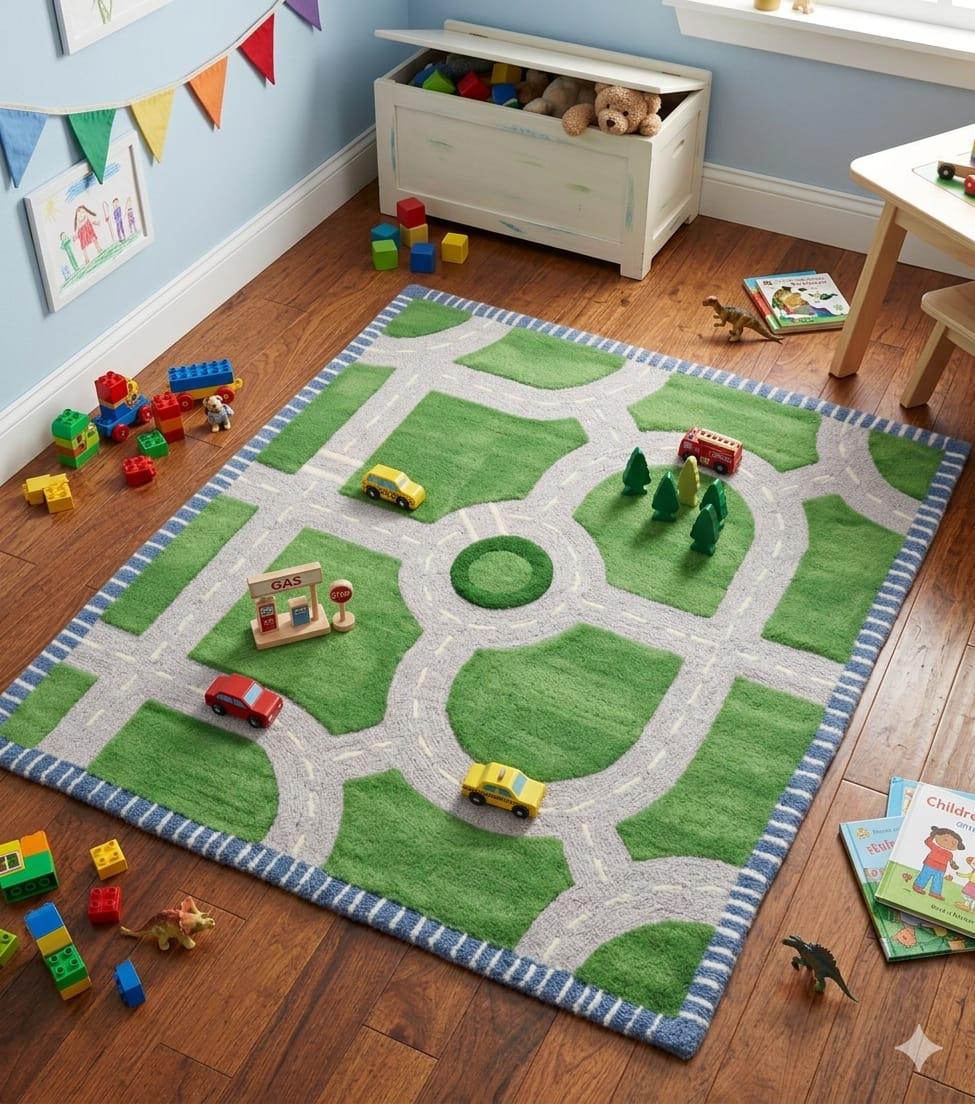 RugverseCreations Hand Tufted Road Play Rug 3D Sculpted Car Track